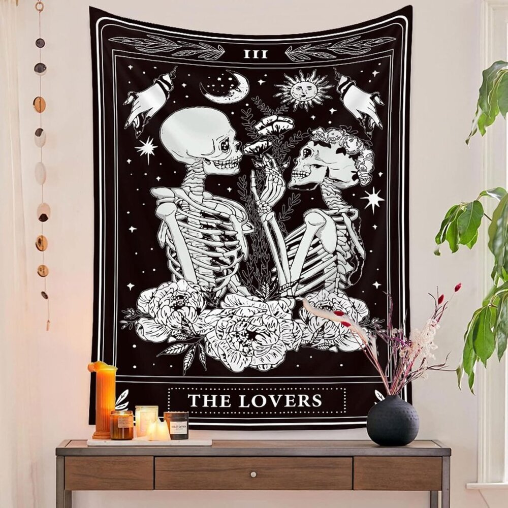 Skull Tapestries Black and White Skeleton Gothic Grunge Dark Witchy Wall Hanging